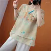 Blusas femininas estilo retro verão algodão linho impresso com decote em v botão acima versátil solto encaixe fino chiffon chinês topos