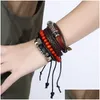 Charm Bracelets Vintage Punk Fashion Alloy Genuine Leather Bangles Men Leaf Beads Strands For Jewelry Mtilayer Braided Wrap Bracelet Dhabn