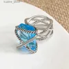 Cluster Rings 15mm*20mm Rectangular Crystal Blue CZ Ring Dainty White Gold Plated Brass Twisted Design Statement Ring Jewelry for Women L240402