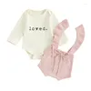 Ensembles de vêtements pour bébés filles, tenues de saint-valentin, barboteuse à manches longues, tricot, sangle à boutons, ensemble de vêtements