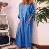 Lässige Kleider Frauen Langes Maxi Plus Größe Feste Farbe loser Baumwollkleid mit Taschen Sommer Straight Vestodis weiblich