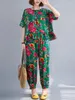 Tweedelige broek met dames etnische stijl shirt en set 2024 zomer retro lotus blad edge top casual broek tweedelige Chinese outfit K227