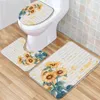 Badmatten Bloemen Mat Set Gele bloemen Zonnebloemvlinderbladeren Retro auto Lage stapel Flanel Tapje Toiletdeksel U-vormig tapijt