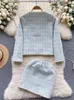 Robes de travail automne hiver sweet perles tweed deux pièces ensembles à plaid pour femmes simples à poitrine de veste à perles de veste et mini-jupe en laine