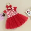 Tregren Sweet Baby Girl Valentines Day Dress Summer Short Sleeve Lips Print Tulle with Headband 2pcs Set Infant Clothes 240403