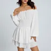 Casual Dresses Women's Puff Sleeve Romper Summer Ruched Long Flowy Layered Short Jumpsuit Elastic Waist Flouncing Off Shoulder Playsuits