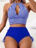 Dames badmode mode hol uit bikini 2024 dames streep massieve badmode sexy hoge taille zwemwedeldrouw vrouwelijk zwempak strandkleding strandkleding zomer y240402