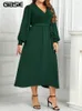 Plusstorlekar Gibsie Spring Fall Dress for Women 2024 Winter Wrap V Neck Long Sleeve Elegant Swing A-Line Maxi With Belt