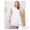 Robes de taille plus robe en coton blanc 4xl 5xl 2023 Été Femmes Ruffles Sleeve Hollow Out Casual High Taist Short Mini Drop Livrot AP Dhyun