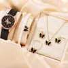 Wristwatches Quartz Movement Watch Set Butterfly Pendant Faux Pearl Jewelry With Adjustable Strap Lady's Bracelet Necklace For Her