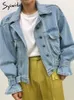 Syiwidii Denim Jacket for Women Loose Single Breasted Turn Down Collar Puff Sleeve Jean Vintage Korean Fashion Crop Coat 240319