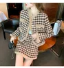 Work Dresses Autumn Winter 2024 Elegant Houndstooth Tweed Fur Collar Coat Patchwork Thick Warm Jacket Short Pencil Skirt 2 Piece Set