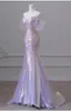 18158IENA Vestido de noche de mujer de sirena con cuentas de lentejuelas láser púrpura con mangas abullonadas, vestido de fiesta de cola de tul con perlas y borlas 2023 240401