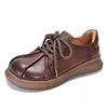 Chaussures décontractées johnature rond Toe en cuir réel rétro plat 2024 Couleur solide de printemps à lacets polyvalents pour femmes