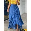 Womens Plus Size T-Shirt Women Denim Skirt A-Line Elegant Streetwear Party Club Y2K Vintage Plain Ruffle Hem Knot Waist Maxi 2023 New Dhw71