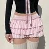 Spódnice różowe łuk plisowane mini y2K solid A-line kawaii lolita ruffle seksowna balet swobodny krótki sukienka dla kobiet