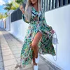 Jurken Basic Casual Boho Floral Print Long Jurk Women Sexy Deep V-Neck Mouw High Split Swing met riem Elegant Beach Vestidos 230531