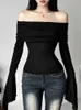Y2K estetyczne kobiety półprzezroczystość koszulki Koszulki Slash szyja długie rękaw Solidne, swobodne koszulki Vintage Off Seksowne urocze tshirty 240325