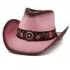 Berets Cowboy Straw Sun Hat voor vrouwelijke brede vizier met borduurwerk Cowgirl Carnivals Party Hoofddeksels