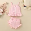 Kleidungssets Baby Mädchen Sommerkleidung Niedliche ärmellose Spitzenbesatz Knopf Slip Camisole und einfarbige PP Shorts Kleinkinder Zweiteiler