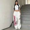 Y2K Streetwear White Track Pants Mujeres Harajuku Hippie Pantalones de chándal de pierna ancha de gran tamaño Toggers de estampados secos rápidos pantalones 240319