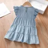 Little Maven Baby Girls Summer Blue Dress Denim Kinderen Casual kleding Katoen zacht en comfort voor kinderen 240325