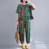 Tweedelige broek met dames etnische stijl shirt en set 2024 zomer retro lotus blad edge top casual broek tweedelige Chinese outfit K227