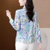 Kadınlar bluzlar retro bahar baskılı ayakta boyun düğmesi Çin tarzı saten tek sıra çok uzun kollu gevşek gömlek üstleri