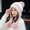 Chapeau tricoté épais chaud oreillettes chapeaux écharpe 2 pièces ensemble polaire doublé boule pompon Skullies bonnet hiver lapin fourrure casquette 240311