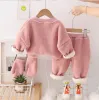 Sets Baby Girls Christmas Outfit Autumn Winter Granule Fleece Hat Bear LongSleeved Hoodies and Pants Warm Boys Suits Infant Clothes