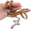 10mm Wood Beads Rosary Necklaces for Women Men Silver Christian Virgin Mary Crucifix Cross Jesus Pendant Handmade Woven Chain Catholic Religious Jewelry Gift