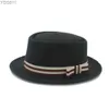 Chapéus de aba larga balde luckylianji mens de lã Felta roqueiro chapéu de boliche de carne de porco com banda de arco usada para festa jazz yq240403