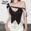 Tanks pour femmes Camis Pixiekiki Asymétriques Crops Tops une épaule découpée en arrière noire sans dos