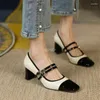 Chaussures habillées 2024 Pompes de couleur mixte pour femmes Double boucle Mary Janes Black Toe High Heels Patchwork Zapatillas Mujer Tacon