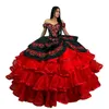 ثياب Charro Quinceanera Black and Red Ball Tiered Sweet 16 Dress Pressery Floral Lace Laces Crystal Offttle Long Mexican Style Prom 15 Anos