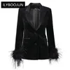 Women's Suits Autumn Winter Women Black Fluffy Feather Patchwork Fashion Classic Velvet Blazer Quality Jackets For 2024