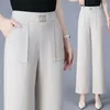 Spodnie damskie Korean Spring Temperament Prosty moda elastyczna wysoka talia szeroka noga solidna kieszeń luźne proste spodnie 2024