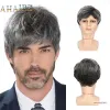 Peruker kort blandad grå syntetiska hår peruker naturliga pixie klippta toupee rak våg värmebeständig fiber för manliga män cosplay dagliga peruker