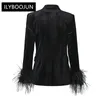 Women's Suits Autumn Winter Women Black Fluffy Feather Patchwork Fashion Classic Velvet Blazer Quality Jackets For 2024