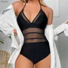 Swimwear pour femmes Sexy Femmes Black One Piece Bathing Fissure Summer Bathing Bathing Sexy V cou cou Black Mesh Swimwear Beach Wear Y240402