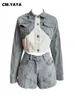 Women's Tracksuits CM. 2024 Summer Denim Patchwork Set Full Sleeve Crop Jacket Jeans Shorts Suit Two 2 Piece Sets Girl Street Outfits