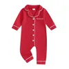 Baby Girls Summer Jumpsuit Pajama Red Long Sleeve Lapel Button Up Sleepwear Romper 240325