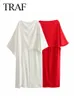TRAF Женский стильный сплошные блузки асимметричные мысы Красная белая атласная рубашка с половиной рукава женские элегантные топы повседневная рубашка 240327