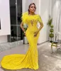 Stunning Arabic Yellow Mermaid Evening Elegant Feathers One Shoulder Sequins Pearls Formal Prom Dress African Dresses For Special Ocn Party Gown