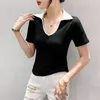 Zomerpolo T -shirt voor vrouwen korte mouw slanke turn collar solide sexy patchwork dames kleding vintage mode tops 240403