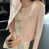 Kleine geur pailletten korte jas tweed elegant temperament vrouwelijk tops herfst Koreaans chic roze o nek jassen vrouw 240201