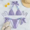 Frauen Badebekleidung sexy lila gerippte Badebekleidung Frauen Perlen Ring Dreieck Halfter Bikinis Set Micro Tanga Badeanzug Knotted Bikini Bikini Bather Y240402