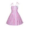 Movie roze jurk voor meisjes Halloween Carnival Barbi Princess Kostuum Plaid Mouwess Cosplay Party Outfit 210T 240321