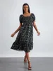 캐주얼 드레스 여성 여름 미디 드레스 꽃 프린트 스퀘어 목 짧은 퍼프 슬리브 A- 라인 ruched 등이없는 S-XL