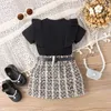 Zestawy odzieży Summer Kids Girls Fits Black Latający rękaw Bilbowane topy Zestaw ubrań w kratę w kratę